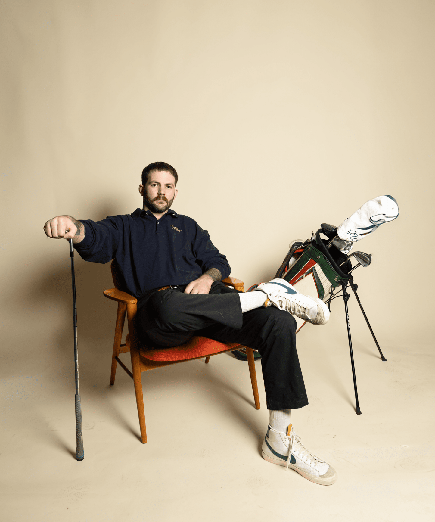 Vintage Navy Script Long Sleeve Polo - Fade Golf Company